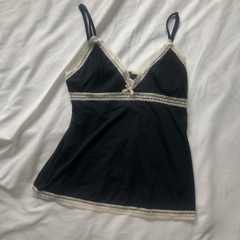 Black Lace-Trim Satin Cami Top - Ivory Trim